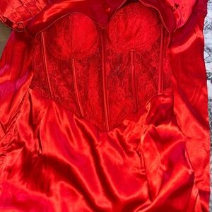 Fashion Nova Vibrant Red Satin and Lace Chemise
